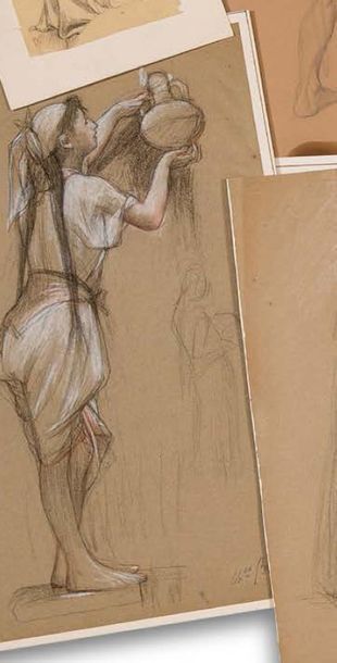 Charles Guillaume BRUN (1825-1908) Ensemble de deux dessins :
Etude de femme au panier....