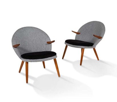 SVEND AAGE ERIKSEN (XX) 
Pair of armchairs known as
Teak Penguin armchairs, woollen...