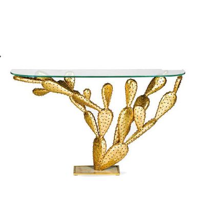 ALAIN CHERVET (1944) 
Console dite Cactus
Laiton, verre, ciment
Signée et datée
96...