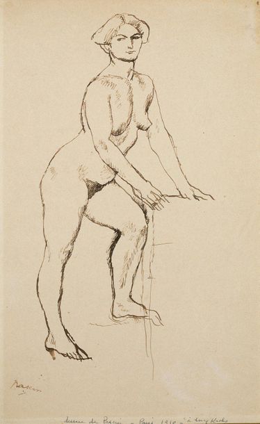 Jules PASCIN (1885-1930) Jules PASCIN (1885-1930)
Standing nude leaning 1910
Ink...