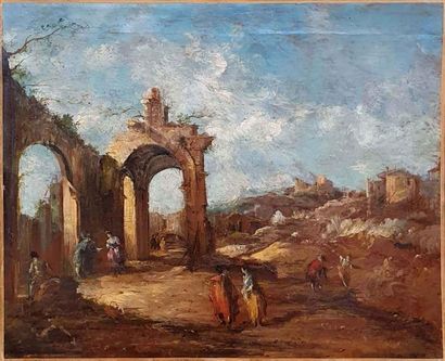ECOLE FRANCAISE début XIXème French school early 19th
century Landscapes of animated
ruins...