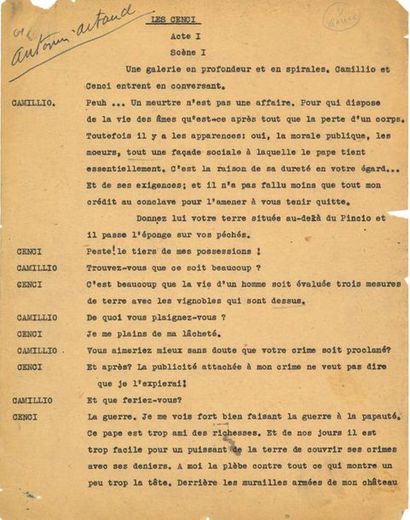 ARTAUD ANTONIN (1896-1948) 
TAPUSCRIT signé «Antonin Artaud»,
Les Cenci, [1935];...