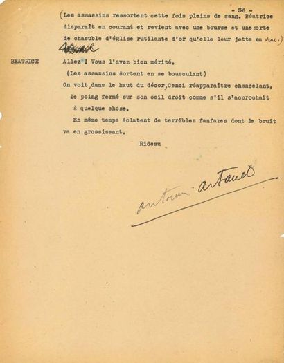 ARTAUD ANTONIN (1896-1948) 
TAPUSCRIT signé «Antonin Artaud»,
Les Cenci, [1935];...