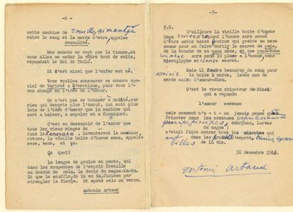 ARTAUD ANTONIN (1896-1948) 
TAPUSCRIT signé «Antonin Artaud» avec ADDITIONS et corrections...