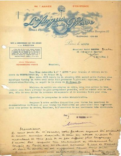 BRETON André (1896-1966) 
L.A.S. «André Breton» à la suite d'une lettre à lui adressée,...