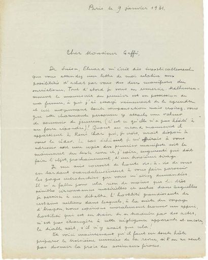 BRETON André (1896-1966) 
L.A.S. «André Breton», Paris 9 janvier 1931, au collectionneur...