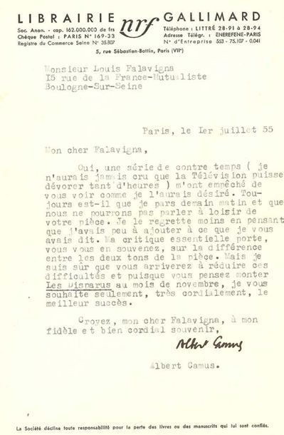 CAMUS Albert (1913-1960) 
L.S. «Albert Camus», Paris 1er juillet 1955, à Louis FALAVIGNA;...