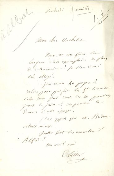 LITTRÉ Émile (1801-1881) 5 L.A.S. «E. Littré», Mesnil 1851-1863 et s.d.; 7 pages...