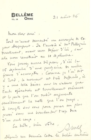 MARTIN DU GARD Roger (1881-1958) 2 L.A.S. «RMG», Bellême Orne 20-21 août 1926, à...