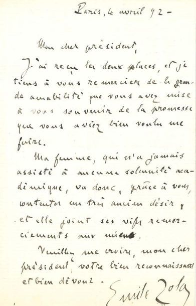 ZOLA emile (1840-1902) 
L.A.S. «Emile Zola», Paris 4 avril 1892, [à Camille DOUCET,...