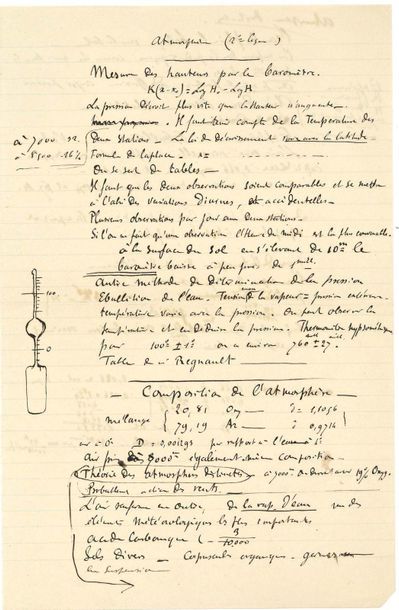 BECQUEREL Henri (1852-1908) 2 MANUSCRITS autographes, Atmosphère 1re lecon et Atmosphère...