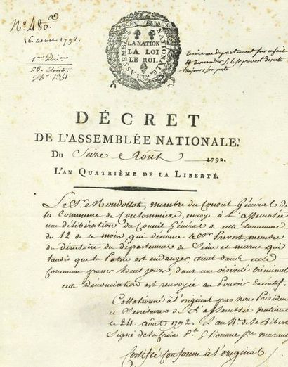 DANTON Georges Jacques (1759-1794) 
P.S. «Danton», [24 1792]; 1 page in-fol., vignette...