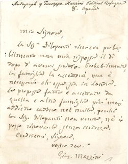 MAZZINI Giuseppe (1805-1872) 
L.A.S. «Gius. Mazzini», 8 avril, à «Moi Signore»; 1...