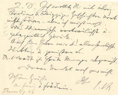 BRAHMS Johannes (1833-1897) 
L.A.S. «J. Br.», [Thun 1er septembre 1886, à son éditeur...