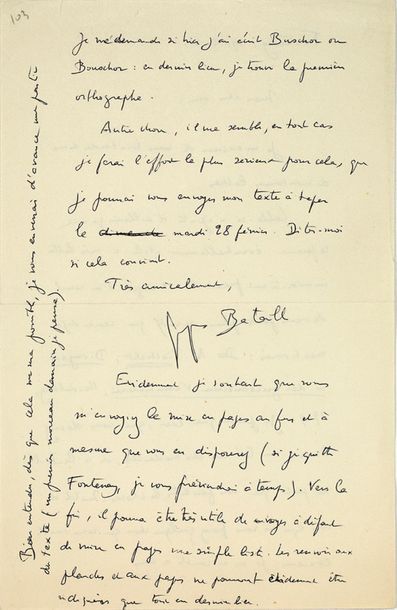 BATAILLE Georges (1897-1962) 
Signed autograph letter addressed to Jean-Marie LO...