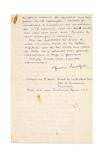 BRETON André (1896-1966) 
Lettre autographe signée adressée à Monique WATTEAU Ouessant,...