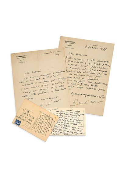 CHAR RENÉ (1907-1988) 
Ensemble de quatre lettres et cartes autographes signées,...