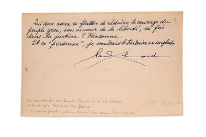 ELUARD Paul (1895-1952) 
Manuscrit autographe signé
Circa 1949. 1 page in-12 oblongue...