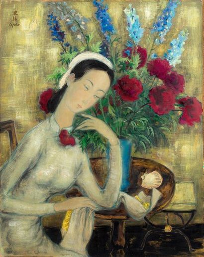 Le Pho (1907-2001) Jeune fille aux pivoines, circa
Encre et couleurs sur soie, signée...