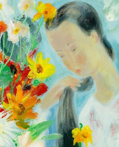 Le Pho (1907-2001) 
Jeunes filles dans un jardin fleuri
Huile sur toile, signée en...