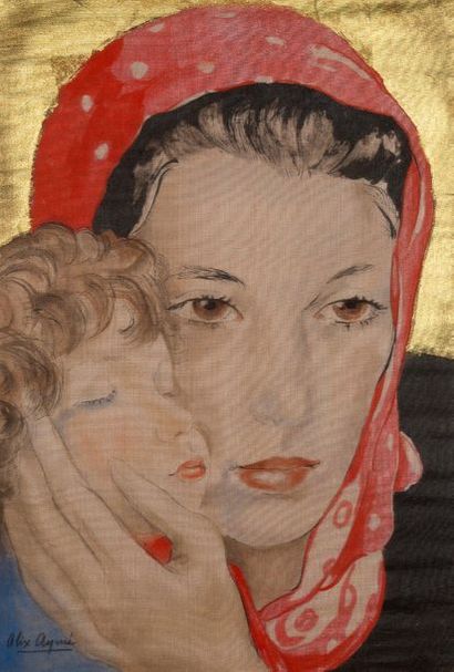 Alix AYMÉ (1894-1989) 
Maternité, vers 1945-1950
Encre et couleurs sur soie, signée...