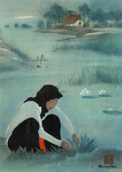 PHAM CHU, ÉCOLE VIETNAMIENNE DU XXE SIÈCLE Femme dans un paysage, 1946
Encre et couleur...
