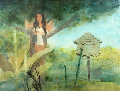DINH THO (1931) 
Jeune femme dans la jungle, 1972
Encre et couleur sur soie, signée...