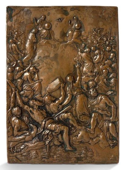 null BRONZE PLATE representing the worship of the Trinity. In clouds, God, Christ...