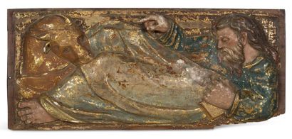 null PAIR OF PANELS in walnut carved in bas-relief, polychrome and gilded representing...