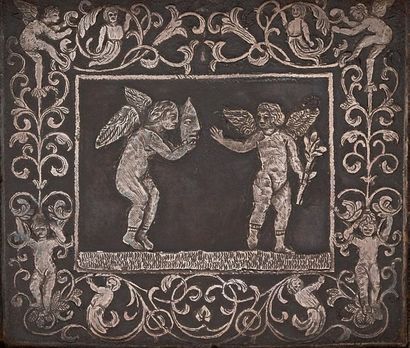 null CASE in silver damascened iron with putti decorating gardening or playing the...
