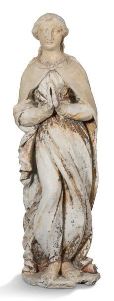 null LARGE VIRGIN in carved limestone with polychrome remains, roughened back. Standing...