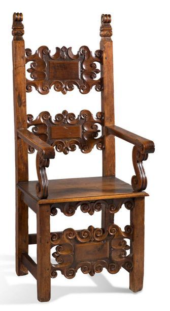 null APPARATUS FACTORY in moulded walnut with openwork backrest with scrolled cartouche...