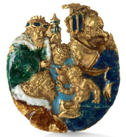 null MEDAL CUT into a half-round gold enamel representing the Adoration of the Magi,...