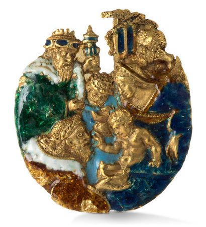 null MEDAL CUT into a half-round gold enamel representing the Adoration of the Magi,...