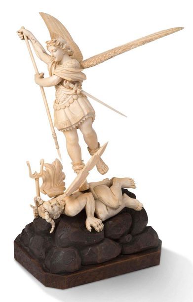 null SAINT MICHEL TERRASSANT LE DRAGON in ivory carved in the round, inspired by...