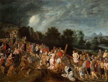 ATTRIBUÉ À JOOS DE MOMPER (ANVERS, 1564 - 1635) 
The Ascent to Calvary
Oil on panel
57...