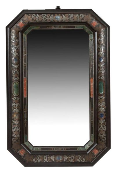 null OCTOGONAL MIRROR WITH "BALL" MARQUETRY MIRROR made of blue, green and red tinted...