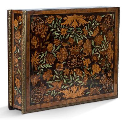 null LARGE rectangular BOX inlaid with foliage, flowers and birds, enhanced with...