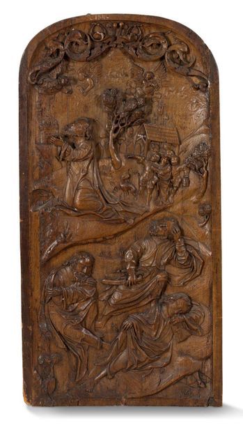 null LARGE PANEL of curved shape in walnut carved in bas-relief representing Jesus...