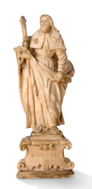 null SAINT JACQUES in carved alabaster, sketched back. Standing, the saint wears...