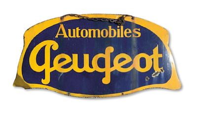 Automobiles Peugeot 
Plaque en tole émaillée double face.
(État d'usage.)
140 x 70...