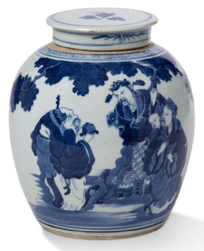 Chine XIXe siècle Pot à gingembre en porcelaine bleu-blanc, à décor des Sanxing,...