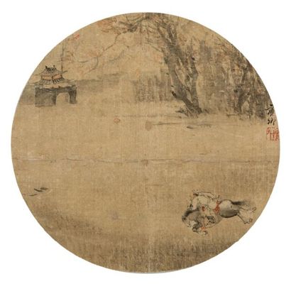 Chine XIXe siècle Projet d'éventail circulaire, à l'encre et couleurs sur soie, représentant...
