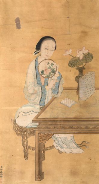 Chine XIXe siècle Peinture sur papier à l'encre et polychromie, représentant une...