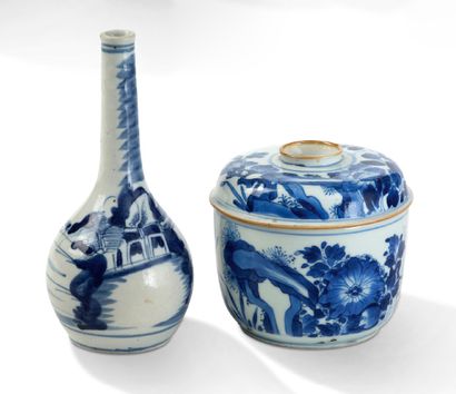 VIETNAM XIXe siècle Lot deux de objets en porcelaine bleu-blanc dit de Hue, comprenant...