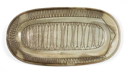 Atelier DIEULEFIT LARGE Oval Dish In beige and brown enamelled stoneware, decorated...