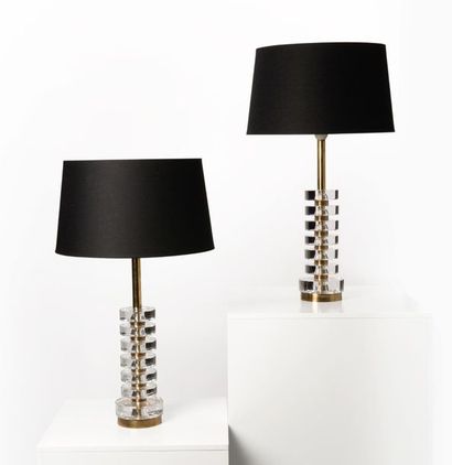 CARL FAGERLUND (1915 -2011) 
PAIR OF LAMPS Model RD1983, in gilded brass and crystal....