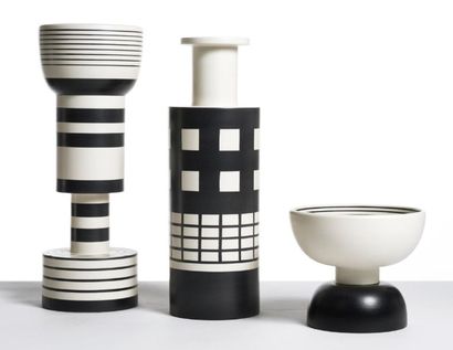 ETTORE SOTTSASS (1917 -2007) SET OF TWO VASES AND ONE "ROCCHETTO" CUP In earthenware,...
