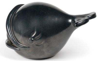 ACCOLAY SMALL SCULPTURE In black enameled earthenware in the shape of a whale. Signed...