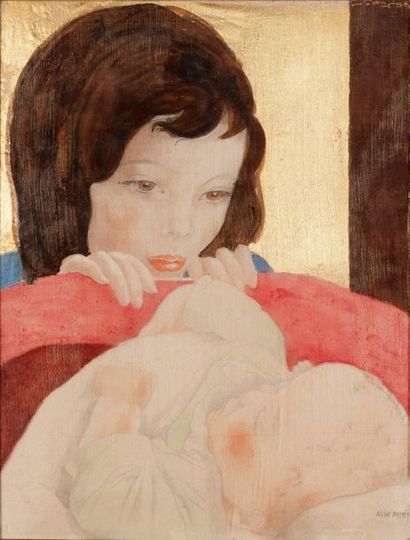 Alix AYMÉ (1894-1989) 
《摇篮》
绢本上的水墨和色彩，金色亮片，右下角有签名
34 x 25.8 cm - 13 3/8 x 10 1/8...